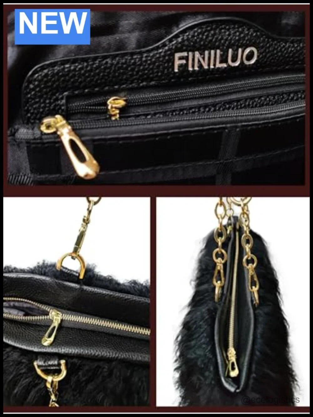 Genuine Mongolian Curly Lamb Fur Tote Bag with Leather Handles and Golden